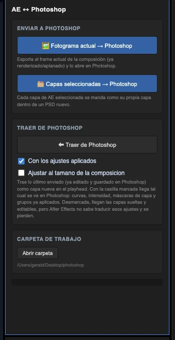 Panel de AE + Photoshop Bridge en After Effects