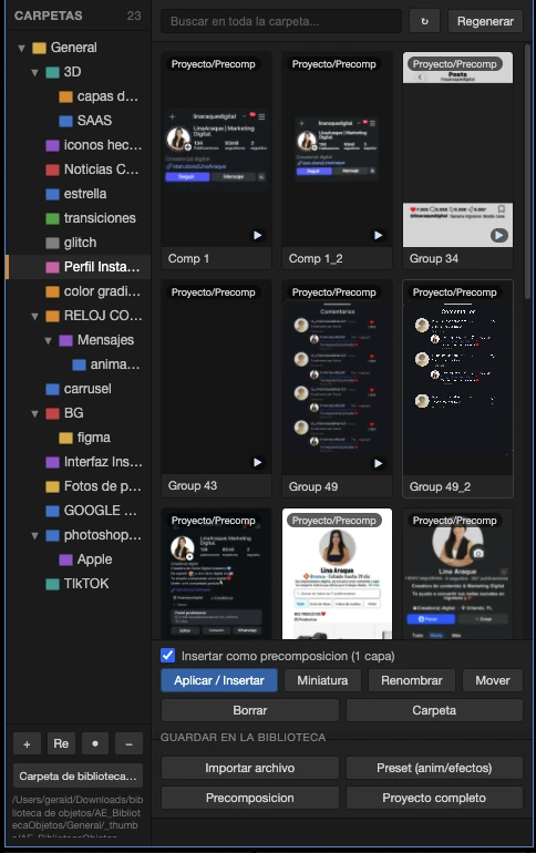Panel de Biblioteca de Objetos en After Effects